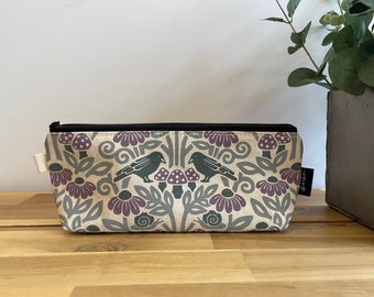 Crow and Mushroom Pencil Pouch  - Screen Printed - Zipper Pouch