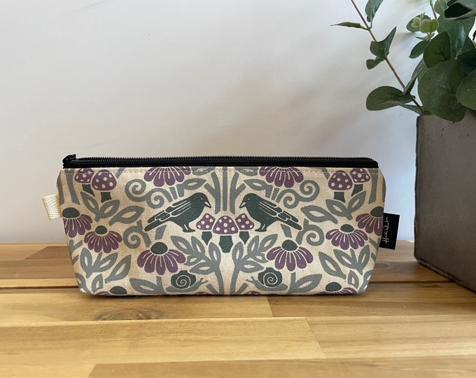 Crow and Mushroom Pencil Pouch  - Screen Printed - Zipper Pouch