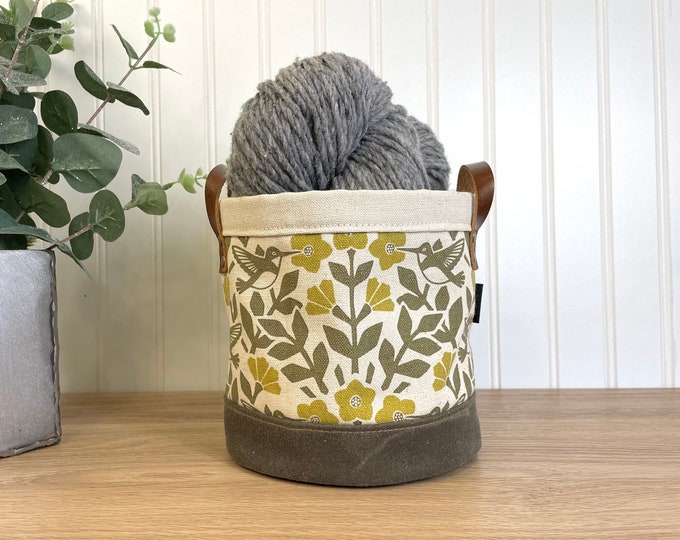 6” Moss Green Hummingbird and Weigela Pattern Fabric Bin - Screen Printed Fabric Bucket - Floral Fabric