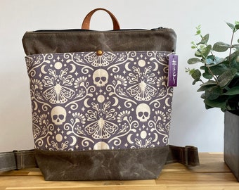 Purple Moth and Skull Waxed Canvas Backpack - Canvas Bag - Backpack purse - Screen Printed - Floral Fabric - Water Resistant Bag
