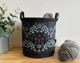 Large 9” Oregon Wildflowers Fabric Bin - Screen Printed Fabric Bucket - Floral Round Bin - Black