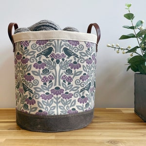 Large 9” Crow and Mushroom Fabric Bin - Screen Printed Fabric Bucket - Floral Round Bin