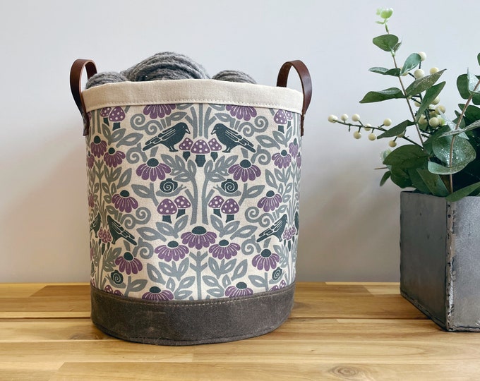 Large 9” Crow and Mushroom Fabric Bin - Screen Printed Fabric Bucket - Floral Round Bin