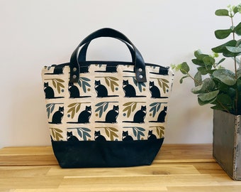 Tuxedo Cat Print Waxed Canvas Project Bag - Leather Handles