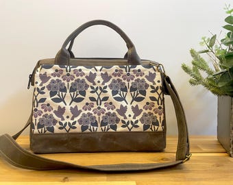 Waxed Canvas Knitting Bag: Hydrangea, Black Eyed Susan, Bluebird Screen Print, Metal Frame