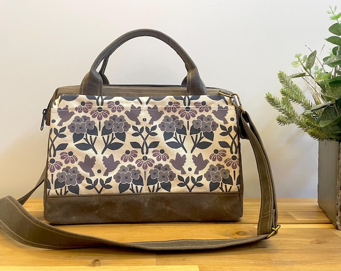 Waxed Canvas Knitting Bag: Hydrangea, Black Eyed Susan, Bluebird Screen Print, Metal Frame