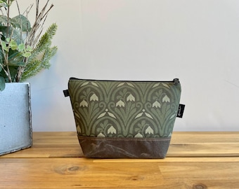 Hand Printed Snowdrops Zipper Pouch - Waxed Canvas Cosmetic Bag