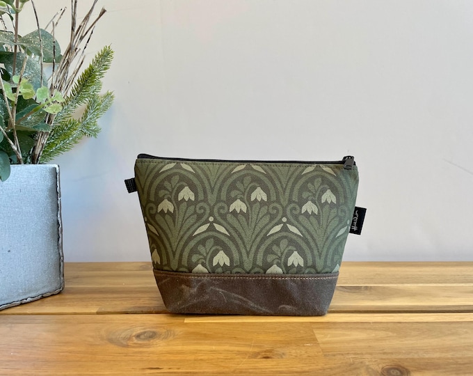 Hand Printed Snowdrops Zipper Pouch - Waxed Canvas Cosmetic Bag