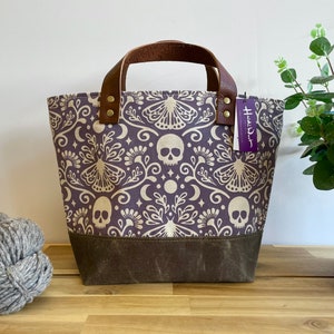 Mystical Moth Pattern Waxed Canvas Project Bag - Screen Printed - Purple Knitting Bag - Yarn Bag - Crochet Bag