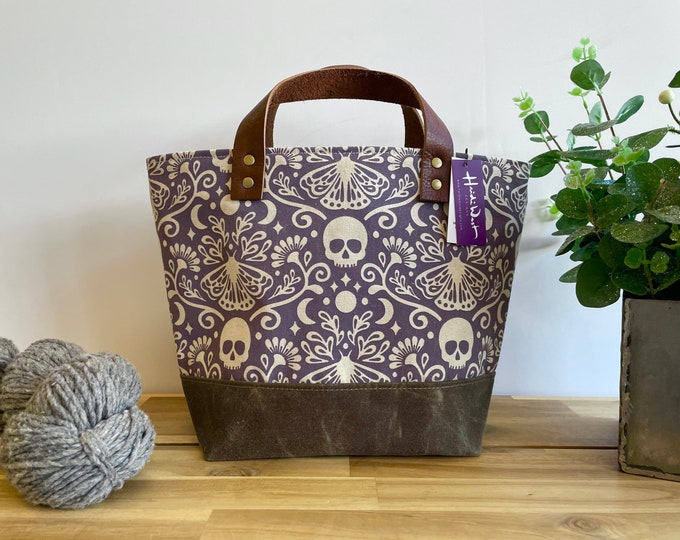Mystical Moth Pattern Waxed Canvas Project Bag - Screen Printed - Purple Knitting Bag - Yarn Bag - Crochet Bag
