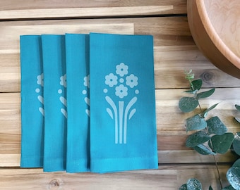 Teal Narcissus Napkins - Cotton Dinner Napkins with Screen Printed Paper Whites - Set of 4 - Housewarming Gift