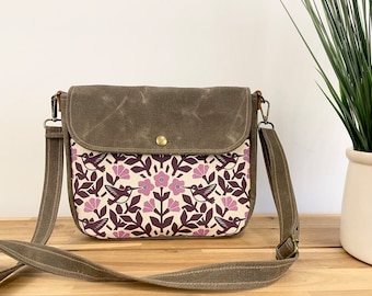 Pink Hummingbird and Weigela Waxed Canvas Small Messenger Bag - Satchel - Flap Canvas Bag - Cross Body - Screen Printed Fabric