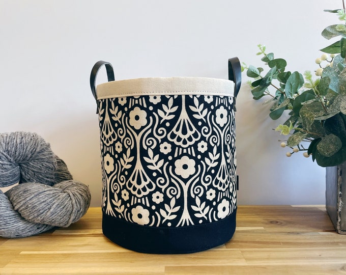 Large 9” Justice Fabric Bin - Screen Printed Fabric Bucket - Black and White - Floral