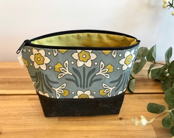 March Daffodils Pattern Zipper Pouch - Waxed Canvas - Cosmetic Bag - Screen Printed - Hand Printed - March Birthday - Birth Mont