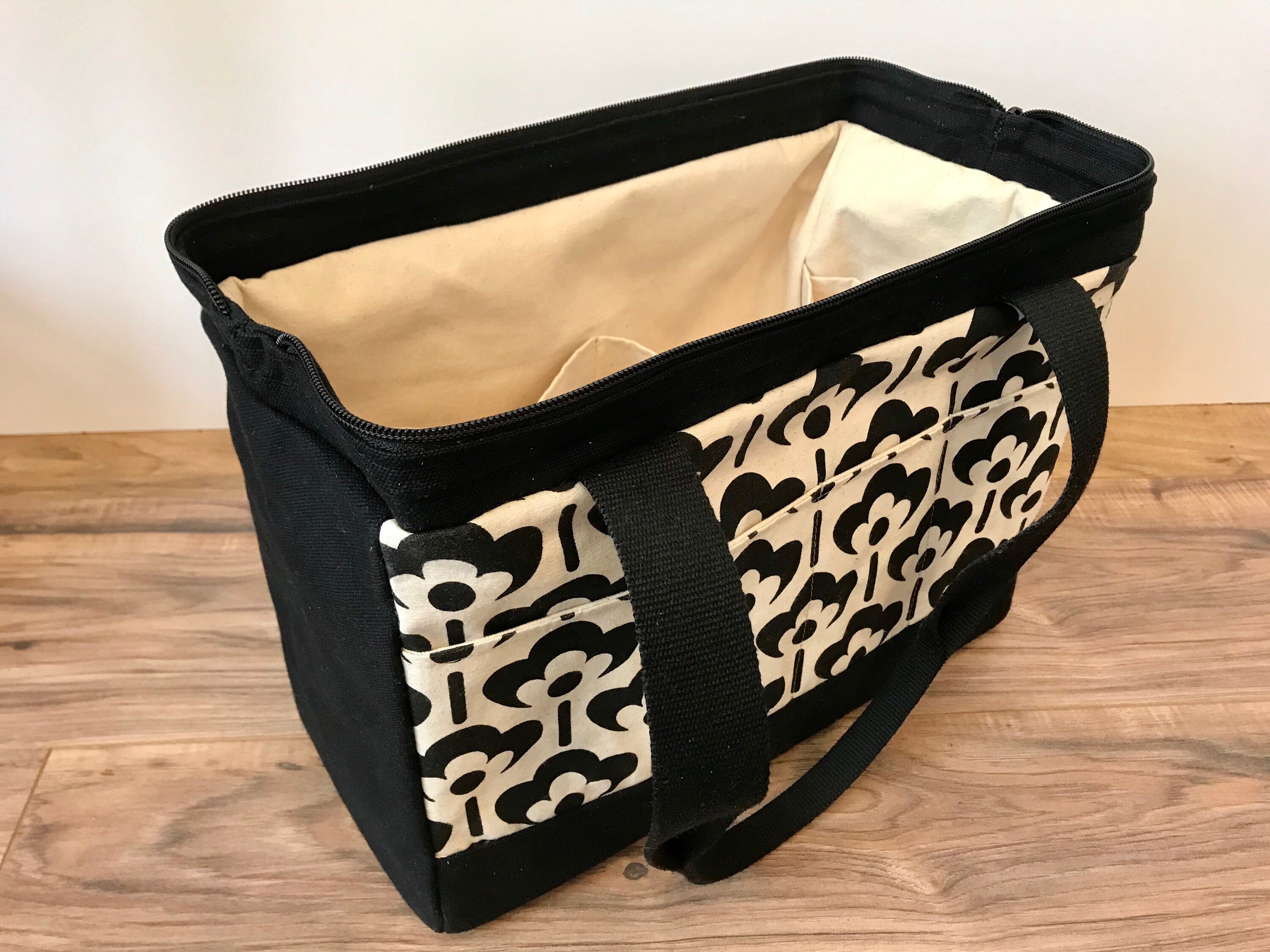 Large Waxed Canvas Project Bag Black and White Meadow Flower Etsy
