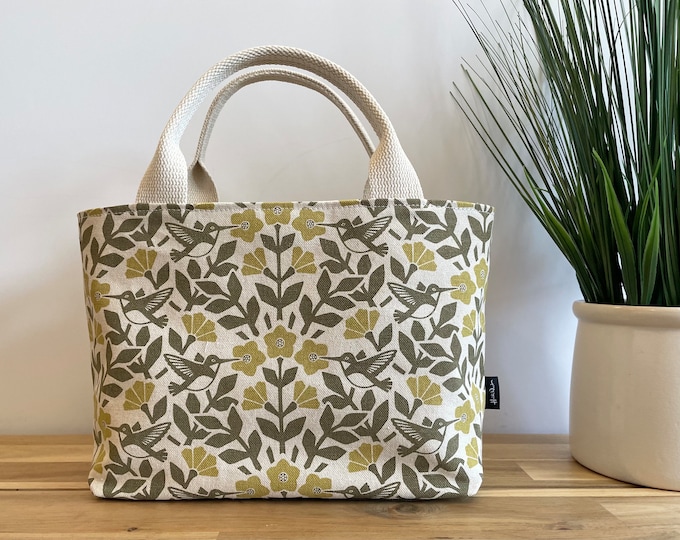 Moss Green Hummingbird and Weigela Pattern Project Bag / Simple Tote - Screen Printed Fabric - Green