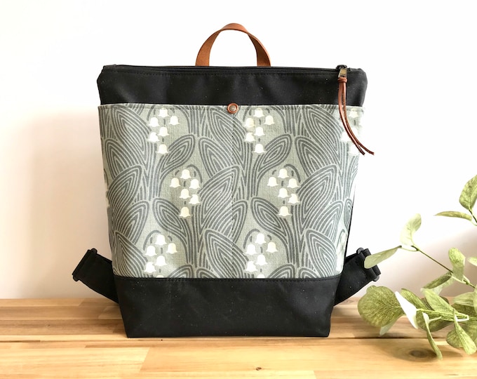 May Lily of the Valley Waxed Canvas Backpack - Canvas Bag - Backpack purse - Screen Printed - Lily Pattern - Water Resistant Bag -May
