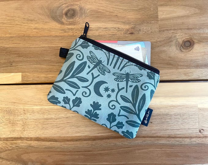 Sage and Moonlight Zipper Pouch - Zipper Wallet - Screen Printed - Credit Card Zipper Pouch - Dragonfly