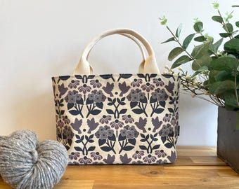 Floral Print Project Bag: Hydrangea, Black-Eyed Susan, Bluebird - Screen Printed Handbag