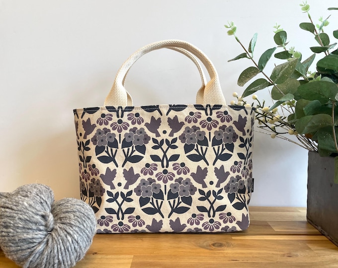 Hydrangea, Black-eyed Susan and Bluebird Pattern Project Bag / Hand Bag - Screen Printed Fabric Bucket - Lavender Purple