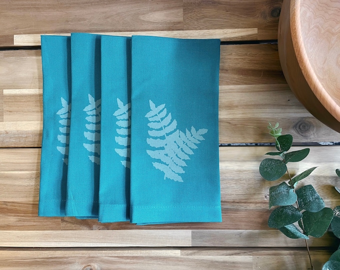 Teal Fern Cloth Napkins - Dinner Napkins with Screen Printed Ferns - Set of 4 - Teal - Housewarming Gift