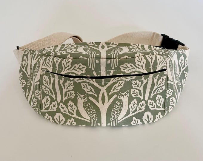 Sage Owl and Oaktree Fanny Pack - Hip Bag - Small Cross-Body Purse - Screen Printed