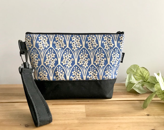 July Larkspur Pattern Zipper Pouch - Waxed Canvas - Large Cosmetic Bag - Screen Printed - Hand Printed - July Birthday - Birth Month Flower