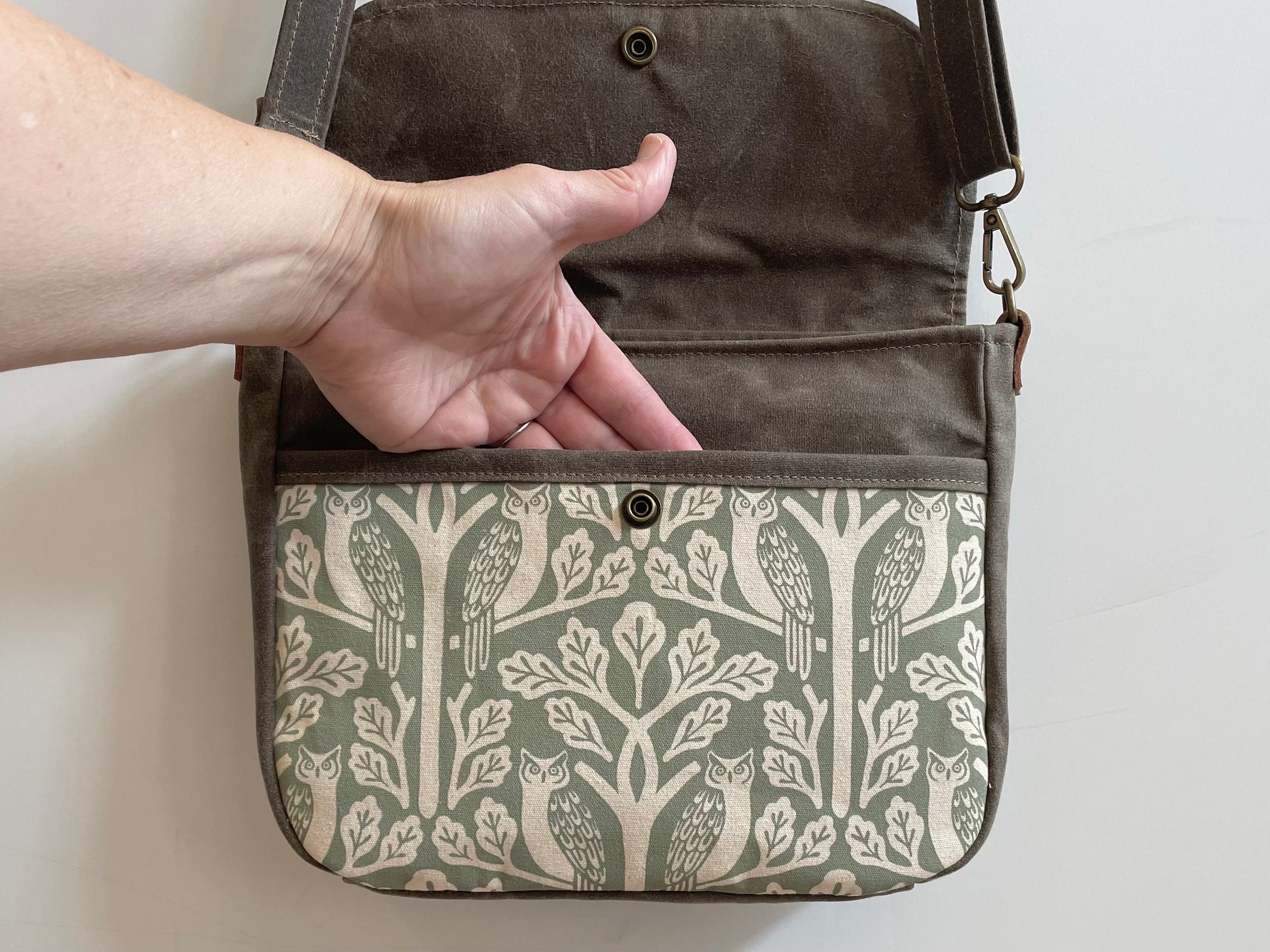 Owl and Oak Tree Waxed Canvas Small Messenger Bag Satchel Flap Canvas Bag Cross Body Screen Printed Fabric Sage Green