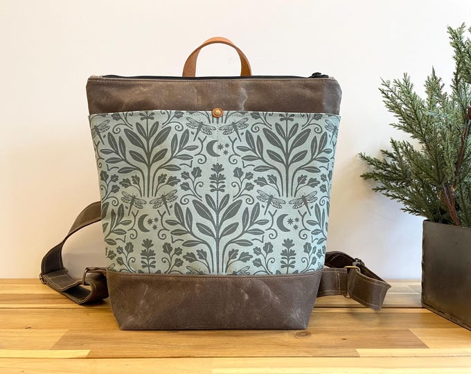 Sage and Moonlight Waxed Canvas Backpack - Canvas Bag - Backpack purse - Screen Printed - Floral Fabric - Water Resistant Bag - Dragonfly