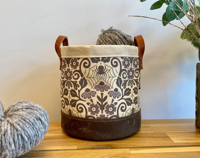 Floral Spider Fabric Bin: 6" Screen Printed Floral Bucket - Yarn Bowl