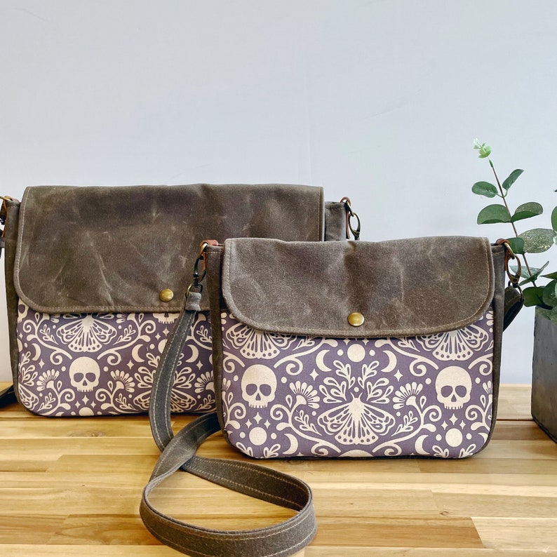 Moth and Skull Waxed Canvas Small Messenger Bag Satchel Flap Canvas Bag Cross Body Screen Printed Fabric image 9