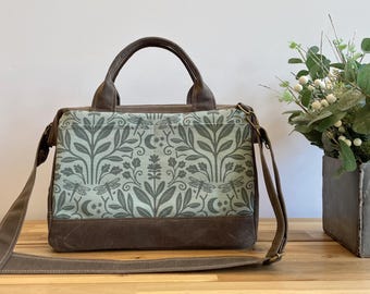 Small Waxed Canvas Project Tool Bag - Sage and Moonlight - Knitting Bag - Screen Printed Bag - Crochet Bag - Carry-on Bag - Handbag
