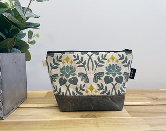 Lotus and Firefly Pattern Zipper Pouch - Waxed Canvas - Cosmetic Bag - Screen Printed - Hand Printed