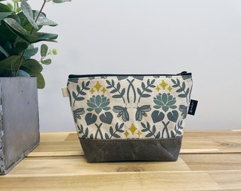 Lotus and Firefly Pattern Zipper Pouch - Waxed Canvas - Cosmetic Bag - Screen Printed - Hand Printed