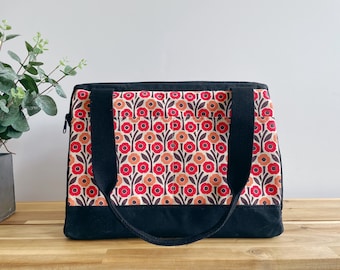 Large Waxed Canvas Project Bag - August Poppies Pattern - Knitting Bag - Screen Printed Bag - Crochet Bag -Sweater Project Bag