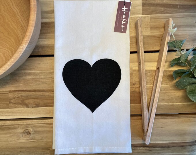 Ready to Ship - Black Heart Hand Printed Tea Towel - Cotton - White  - Housewarming Gift - Hand Towel - Valentine - Screen Printed