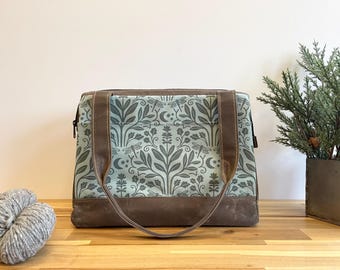 Large Waxed Canvas Project Tool Bag - Sage and Moonlight - Knitting Bag - Screen Printed Bag - Crochet Bag -Sweater Project Bag - Dragonfly