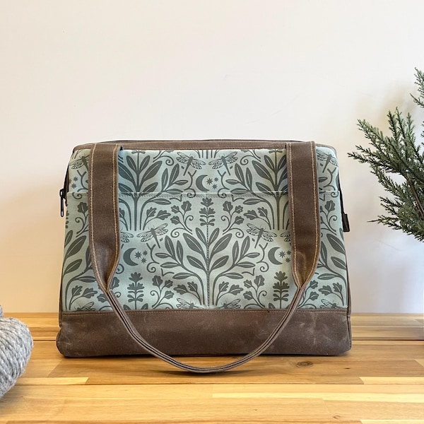 Waxed Canvas Knitting Project Bag: Sage Moonlight Dragonfly Print