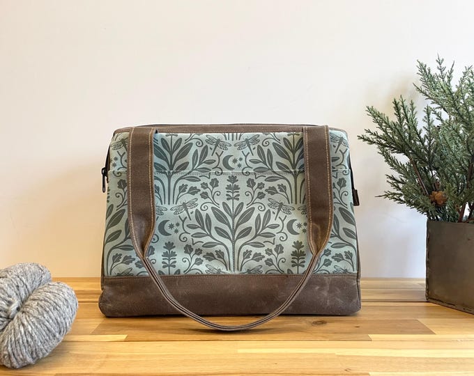 Large Waxed Canvas Project Tool Bag - Sage and Moonlight - Knitting Bag - Screen Printed Bag - Crochet Bag -Sweater Project Bag - Dragonfly