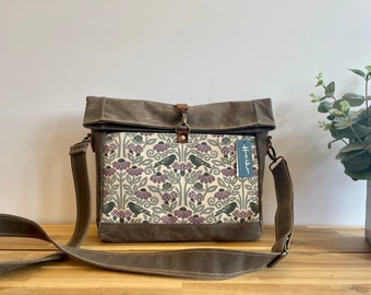 Crow and Mushroom Roll Top Waxed Canvas Purse - Cross Body Messenger Purse - Screen Printed Bag