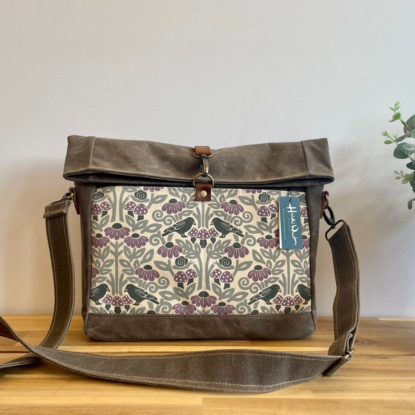 Crow and Mushroom Roll Top Waxed Canvas Purse - Cross Body Messenger Purse - Screen Printed Bag