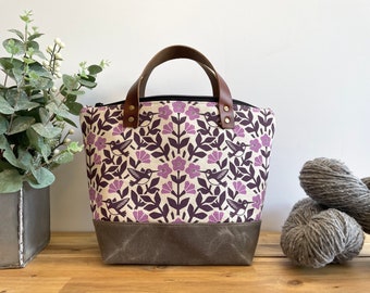 Pink Hummingbird and Weigela Waxed Canvas Project Bag - Screen Printed - Knitting Bag - Yarn Bag - Crochet Bag