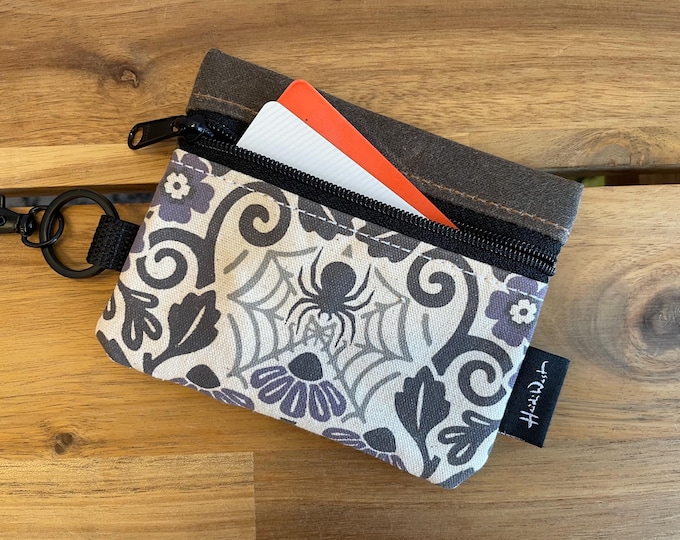 Screen Printed Mini Zipper Pouch: Floral Spider Wallet