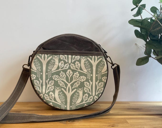 Sage Owl and Oaktree Waxed Canvas Round Cross-Body Purse - Screen Printed Circle Bag - Tambourine Bag