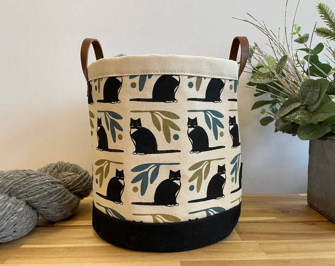 9” Large Tuxedo Cat Fabric Bin - Screen Printed Fabric Bucket - Gift - Black Cat