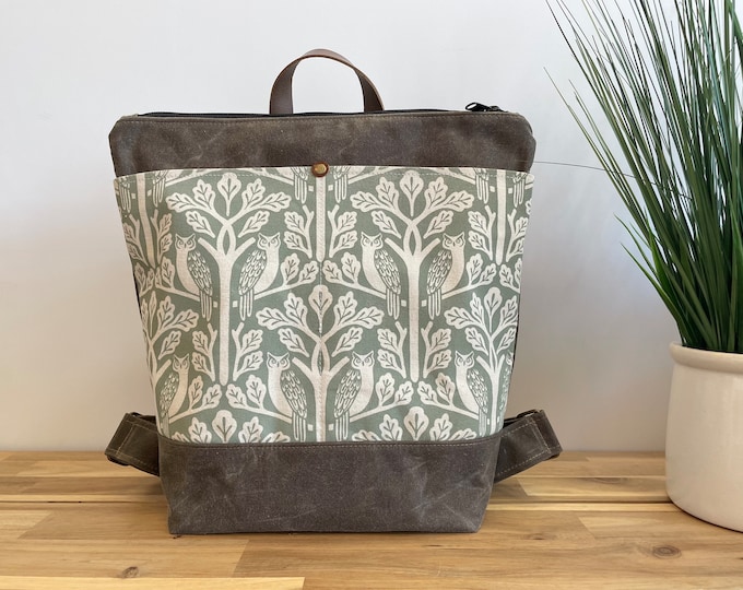 Sage Green Owl and Oaktree Waxed Canvas Backpack - Canvas Bag - Backpack purse - Screen Printed - Floral Fabric - Water Resistant Bag