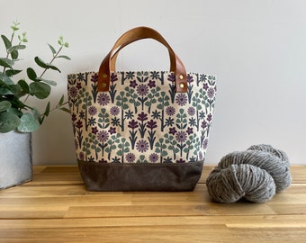 Oregon Wildflowers Waxed Canvas Project Bag - Screen Printed - Knitting Bag - Yarn Bag - Crochet Bag - Natural White