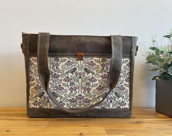 Waxed Canvas Knitting Laptop Bag: Crow and Mushroom Print