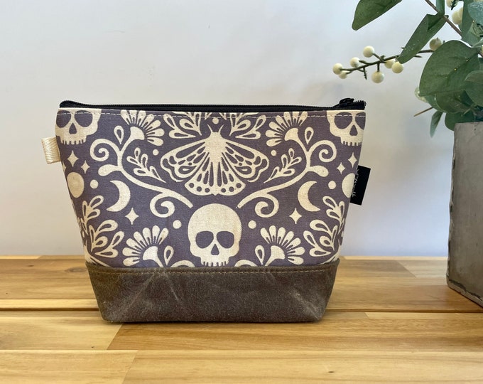 Mystical Moth Pattern Zipper Pouch - Waxed Canvas - Cosmetic Bag - Screen Printed - Hand Printed