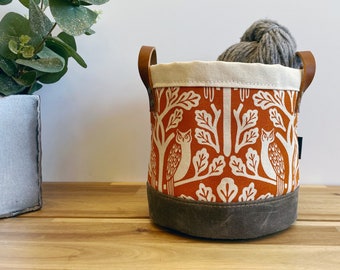 6” Orange Owl and Oak Tree Pattern Fabric Bin - Screen Printed Fabric Bucket - Above and Beyond - Owls